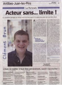presse Article de Presse Journal Nice-Matin sur Clément Brun No Limit série tf1 luc besson vincent elbaz anne girouard antibes acteur antibois lycée audiberti école Guynemer théâtre café théâtre la scène sur mer théâtre le tribunal stand up humoriste robert yvon