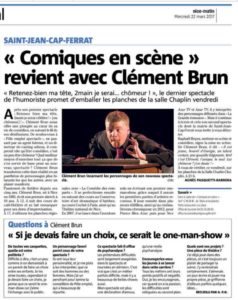 presse - Article de Presse (Nice-Matin) sur One Man Show de l'humoriste Clément Brun presse