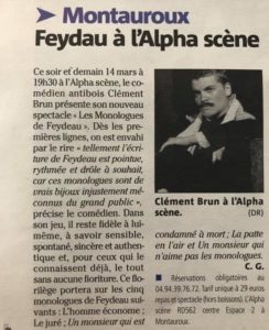 Presse Article Nice-Matin Journal Les Monologues de Feydeau de Clément Brun Alpha Scène Var Montauroux Provence Alpes Cote d'azur presse