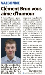 Article de Presse Nice-Matin Antibes Cannes Valbonne Sophia Antipolis je t'aime d'humour one man show de Clément Brun l'antibois Antibes humoriste acteur comédien hilarant rire comique star de télévision