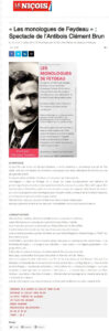 Article de Presse le petit niçois Antibes Cannes Valbonne Sophia Antipolis var Avignon théâtre classique var varois les monologues de Feydeau Georges Feydeau vaudeville one man show humour rire comédie pièce mise en scène coquelin cadet Clément Brun l'antibois Antibes antibois humoriste acteur comédien hilarant rire comique star de télévision Un Monsieur qui n’aime pas les monologues de Georges Feydeau Le Juré de Georges Feydeau Un Monsieur qui est condamné à mort de Georges Feydeau La Patte en l'air de Georges Feydeau L'Homme économe de Georges Feydeau metteur en scène festival off